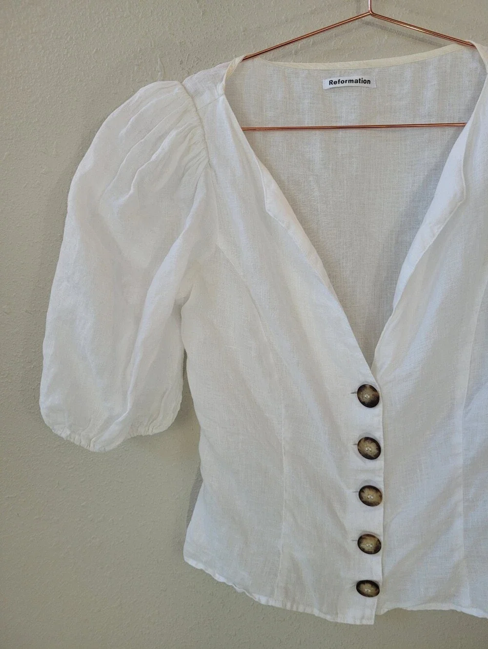 REFORMATION White Puff Sleeve Button Front Linen Top Size XS